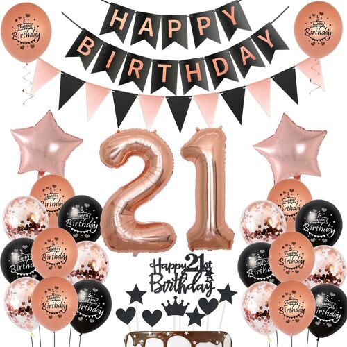 SJZG-Ballons Anniversaire 21 Ans Femme - Décoration Noir Or Rose, Gâteau Topper, Ballon Anniversaire
