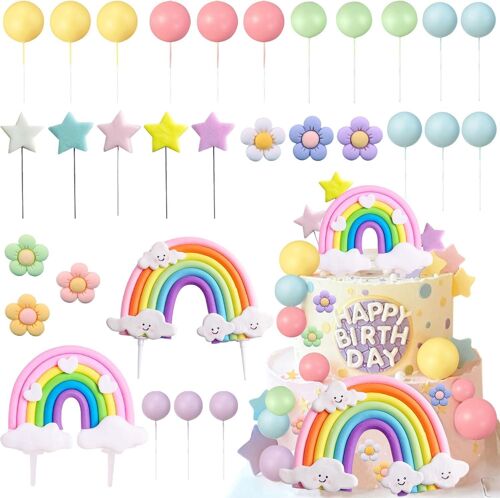 ChicSlick-38 Pcs Cake Topper, Ballons, Arc-En-Ciel, Étoiles, Fleurs Cupcake Topper, Boules De Décoration De Gâteau Coloré, Décoration De Gâteau Arc En Ciel, Pour Anniversaire Mariage Fête[X1878]