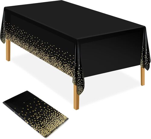 Kalanka-Nappe De Fête Noire Et Dorée Nappe En Plastique 137x274cm Couverture De Table De Confettis À Pois Dorés Couverture De Table De Fête Rectangulaire Pour Pique-Nique, Halloween, Noël