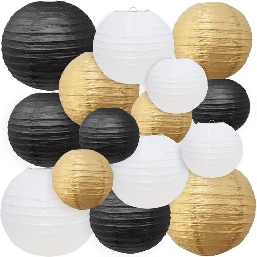 KALANKA-Lanternes en Papier - 15 Pièces Lampion Papier Boule Ronde Lampes en pour Mariages, Anniversaires, Fêtes et Événements - Assortiment de Tailles (6"", 8"", 10"" - Noir, Blanc, Or)