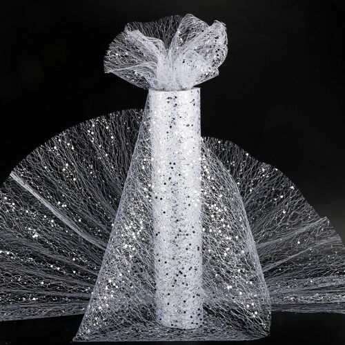 Kal-30cm X 10m Organza Tulle Rouleau Bobine Avec Paillettes Chemin De Table Non Tissé Ruban Bricolage Organza Rouleau Pour Fête De Mariage Décoration (Blanc)