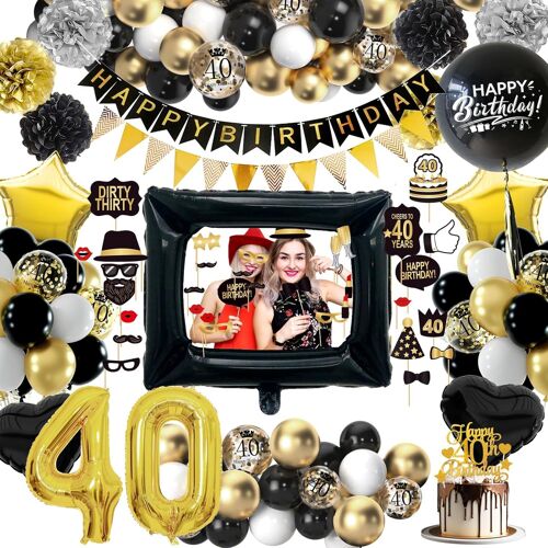 Sjzg-40 Ans Décorations Anniversaire De Fête En Noir Or, Decoration Anniversaire 40 Ans,Grand Cadre Photo Gonflable Noir Doré,Accessoires De Cabine Photo 40 Anni Femme Homme
