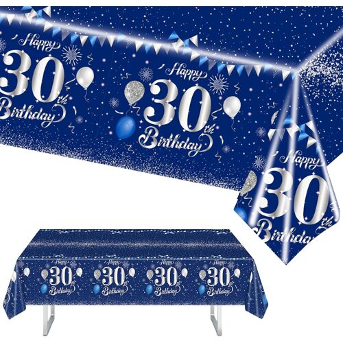 Sjzg-30 Ans Nappe Anniversaire,Bleu Et Argent Nappe Fête 30 Ans Anniversaire,137x274cm Nappe Happy 30th Birthday Couverture Rectangulaire Nappe Party De Table À Manger Cuisine Banquet