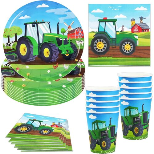 Sjzg-Service De Table Tracteur, 40 Pièces Décoration De Fête, Vaisselle D'anniversaire Avec Assiettes, Gobelets Et Serviettes En Carton, Fournitures De Table - 10 Invités