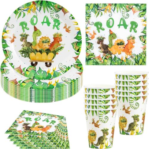 Kalanka-Service De Table Dino Party, 40 Pièces Décoration De Fête Dino, Vaisselle D'anniversaire Avec Assiettes, Gobelets Et Serviettes En Carton, Fournitures De Table, Fille, Garçon - 10 Invités