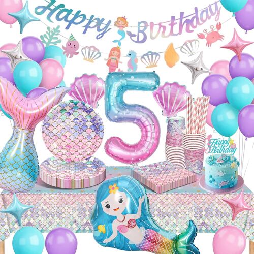 MEVRONISSHOP-5 Ans Decoration Anniversaire Sirene,Vaisselle Anniversaire, Kit Anniversaire Fille, 5 Ans Enfants Birthday Party Décorations 16 Invités5