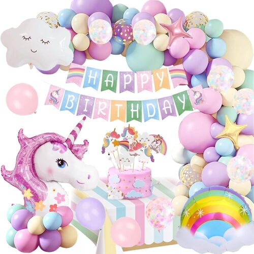 SJZG-Licorne Décoration Anniversaire Fille - Énorme Licorne 3D, Ballons, Bannière Joyeux Anniversaire, Confettis, Gâteau Topper Pour Bébés Filles
