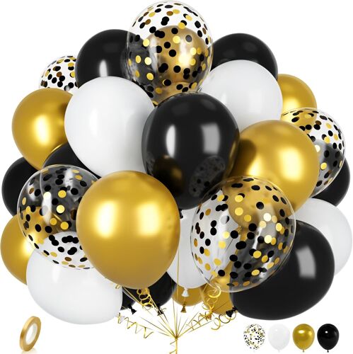 Ballons Or Noir, 30 Pièces 12 Pouces Métallique Chrome Or Noir Confettis Latex Hélium Ballons Ruban pour Filles Garçons Enfant Fête Anniversaire Mariage Baptême Festival Baby Shower Décoration