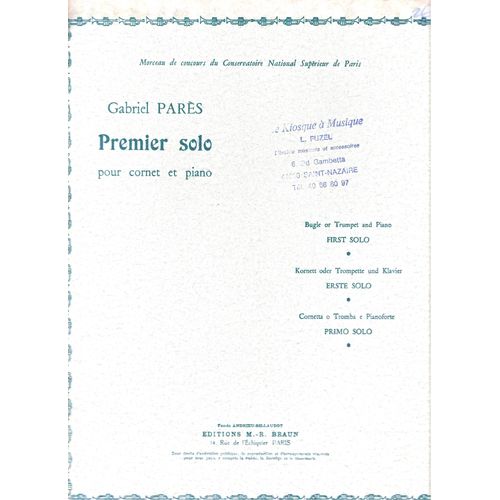 Gabriel Parès, Premier Solo Pour Cornet Et Piano