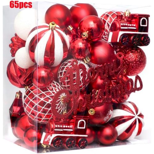 Lot de 65 décorations de sapin de Noël (rouges), boules de Noël légères, ornements pour festival, nouvel an, hôtel