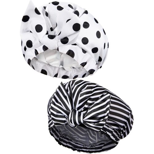 (Points Noirs Et Les Rayures) Pack De 2 Bonnets De Douche Pour Les Femmes, Réutilisable Imperméable À L'eau Bonnets De Douche, Ourlet Élastique Bain De Casquettes Pour Les Longs, Courts, Frisés Cheveux Pour Les Femmes Et Les Filles 