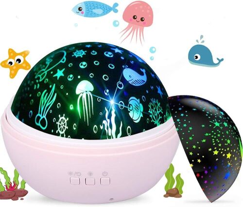 Veilleuse Projecteur Pour Enfants, Lampe Projecteur Étoiles Et Océan, Lampe De Chevet Rotative À 360° (Rose)