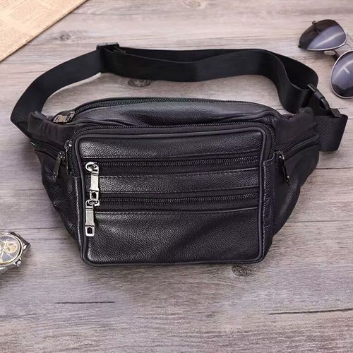 Sac banane vintage en cuir véritable noir imperméable à 7 poches