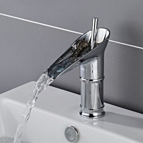 Robinet de lavabo, mitigeur cascade pour salle de bain, mitigeur réglable eau chaude et eau froide, laiton chromé (E)