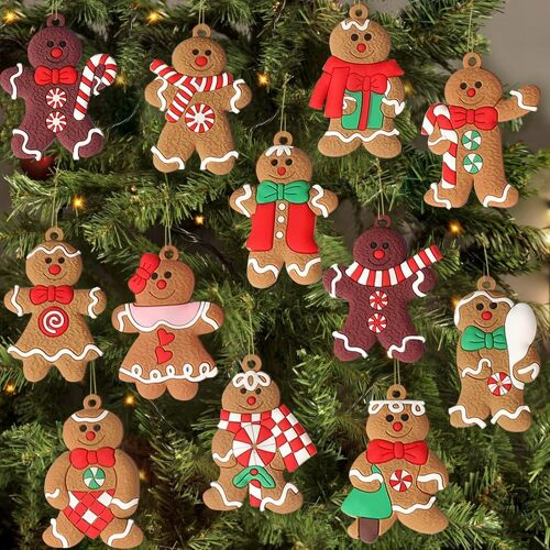 Lot de 12 décorations de Noël en forme de bonhomme en pain d'épices, figurines de Père Noël à suspendre en plastique, 7,6 cm, A