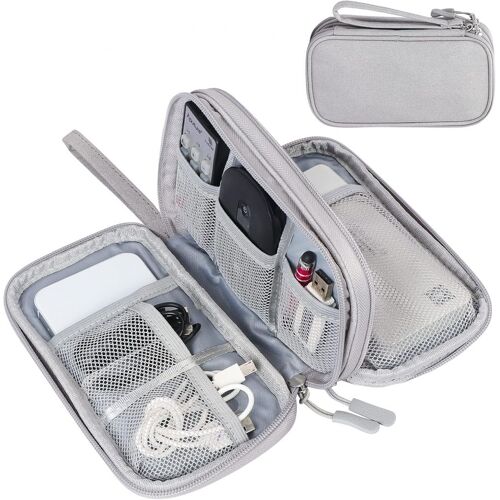 (Gris) Pochette de rangement de câbles de voyage, étui de transport d'accessoires électroniques, double couche étanche pour cordon, chargeur, téléphone, écouteurs