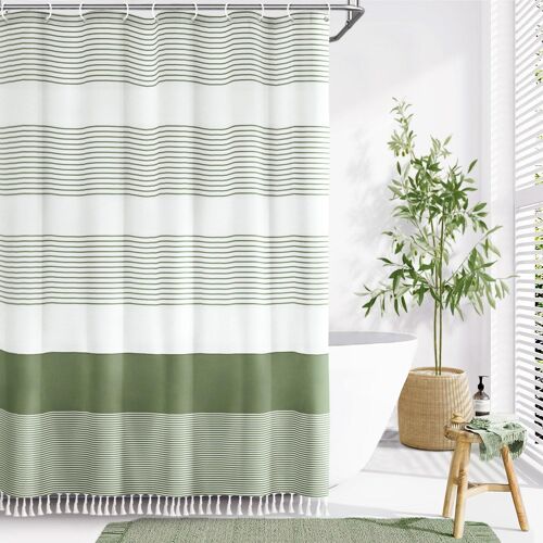 (183 Cm De Large * 214 Cm De Haut) Le Rideau De Douche Vert Sauge Bohème Convient Au Rideau De Douche À Pompons Rayés De Salle De Bain, Au Pompon Simple Rayé En Bambou Imprimé