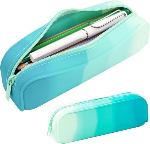 Trousse À Crayons (Dégradé Cyan Bleu), Trousse À Crayons Colorée En Silicone Imperméable, Belle Trousse À Crayons Portable Légère Et Tendance, Fournitures De Bureau Pour Adultes, Femmes Et Hommes