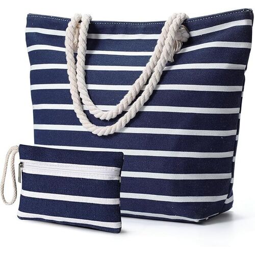 Sac de plage pour femme (bleu marine), grand sac de plage à fermeture éclair, imperméable et résistant au sable, sac fourre-tout pour piscine et plage pour les vacances
