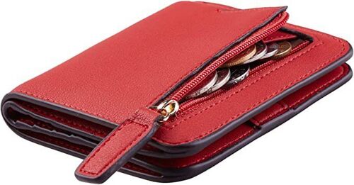 (Rouge) Portefeuille pour femme Shield Petit portefeuille compact à deux volets en cuir de luxe Mini portefeuille pour femme avec fenêtre pour carte d'identité