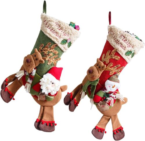 Lot de 2 bas de Noël, Père Noël/Bonhomme de neige chevauchant un cerf, décorations de Noël, sac cadeau en peluche pour cheminée