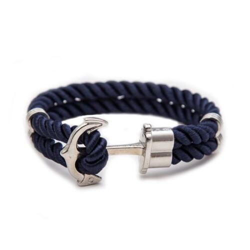 Bracelet En Cuir Fait Main Avec Ancre En Corde Bleu Foncé En Argent