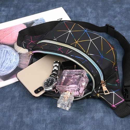 Sac banane unisexe (22 x 13 x 8 cm) effet holographique, multi-poches, imperméable, en cuir PU, idéal pour les voyages, la randonnée, le camping et les loisirs.