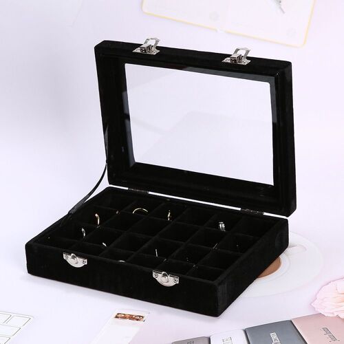 Boîte à bijoux noire à double boucle argentée, 24 compartiments en velours, boîte de rangement pour bagues, boucles d'oreilles, présentoir