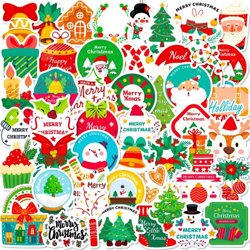 Lot de 50 autocollants décoratifs de Noël, imperméables, pour cadeaux, voyages, boîtes, bureau, carnet, fenêtre, porte, carte