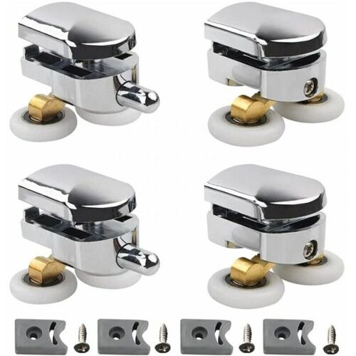 Jeu de 4 roulettes doubles - pour porte de douche coulissante, diamètre 23 mm, roulettes en zinc injecté, pour salle de bain, avec pare-chocs et fixations