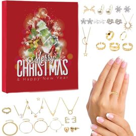 (Argent + Or) Calendrier de l'Avent de Noël - Calendrier de l'Avent de Noël 24 jours - Boîte à bijoux 6 bagues, 6 anneaux, 4 bracelets, 8 boucles d'oreilles pour remplir les cadeaux