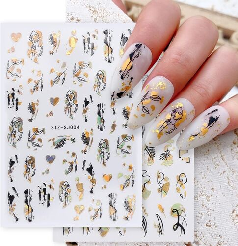 Lot de 9 feuilles d'autocollants dorés abstraits pour nail art, motifs de visages de femmes, de fleurs, de feuilles de palmier et de feuilles, pour décoration d'ongles, pour femmes et filles