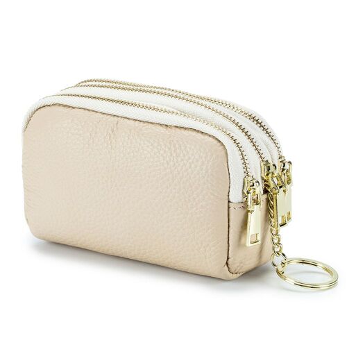 Porte-monnaie zippé en cuir véritable beige à trois compartiments, pochette triple capacité, petit portefeuille de voyage avec porte-clés pour femme
