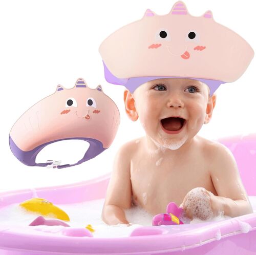 (Rose) Bébé, Bonnet De Douche, Doux Imperméable De Silicone D'enfants Bonnet De Bain, Mignon Dinosaure De La Couronne Modèle De Bonnet De Douche Réglable De 0 À 9 Ans Les Enfants, Les Yeux Et Les Oreilles De Protection 