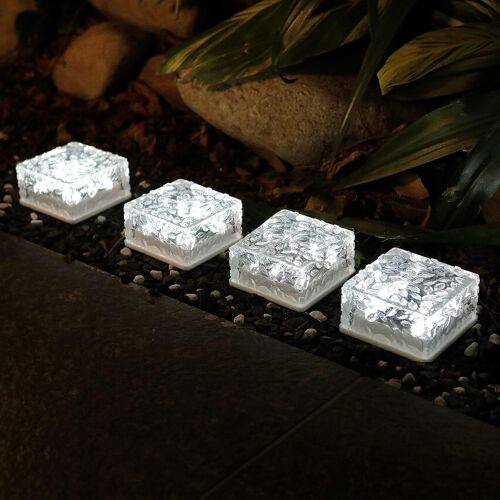 Lot De 4 Lampes Solaires En Forme De Brique, 10 X 10 X 5 Cm, Lampes Solaires D'extérieur, Cubes De Glace (Blanc)