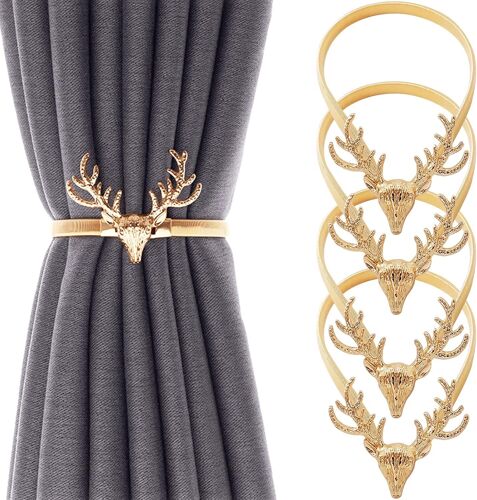 Lot de 4 attaches de rideaux de Noël dorées en forme d'élan, en alliage d'aluminium, design à ressort, style moderne