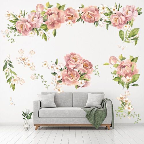 Grands stickers muraux à motif de pivoines, aquarelles, pour chambre à coucher, salon, télévision