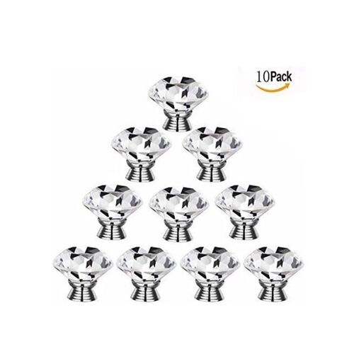 Lot de 10 poignées et boutons transparents en cristal de diamant, 40 mm, pour portes, meubles, tiroirs, placards, décoration (transparent)