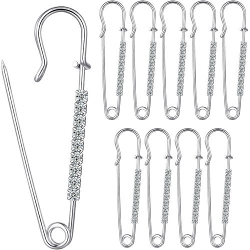 10 Épingles De Sûreté Incrustées De Strass Blancs 6,5 X 1,8 Cm - Personnelles