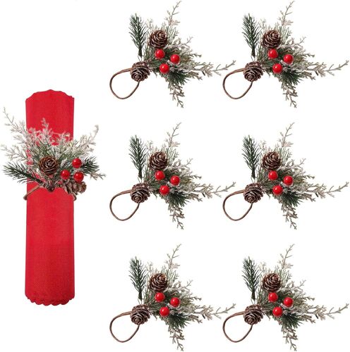 Lot de 6 ronds de serviette de Noël, pommes de pin enneigées, baies rouges, porte-serviettes pour dîners d'anniversaire de Noël, mariage, banquet, décoration de table