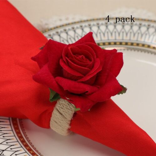 (Rose rouge) Lot de 4 ronds de serviette artisanaux en forme de fleur, motif vigne, pour la fête des mères, décorations de table pour mariage, banquet, Noël, anniversaire, Thanksgiving