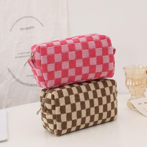 Lot de 2 grandes trousses de maquillage, trousse de rangement pour pinceaux, trousse de maquillage à carreaux et trousse de rangement pour articles de toilette de voyage