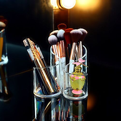 1 boîte de rangement transparente pour pinceaux de maquillage, pour coiffeuse, 3 emplacements en acrylique