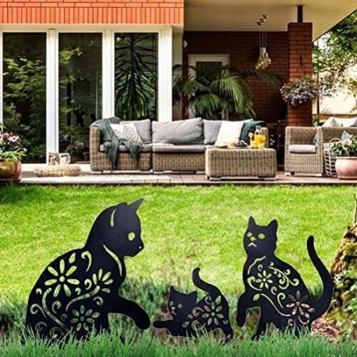 Statue De Jardin En Métal, Décoration De Ferme Pour Chat, 3 Pièces, Silhouette De Chat Découpée, Ornements En Forme D'animal, Noir