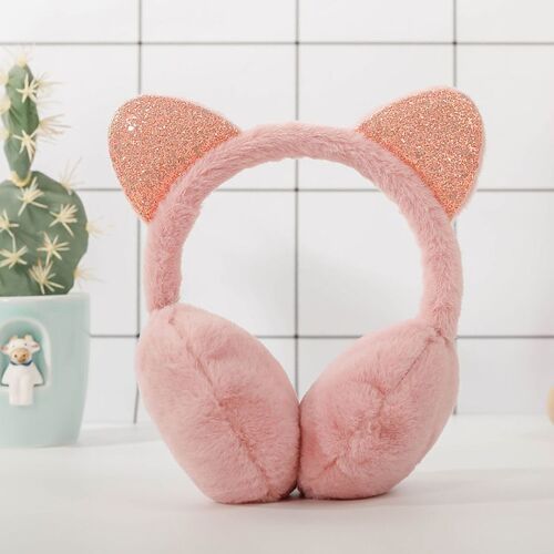 Cache-oreilles mignons pour filles, cache-oreilles à paillettes, cache-oreilles en peluche et fourrure - Rose