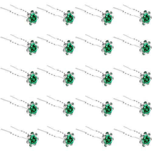 Gjhgf-20 Pack (Vert) Épingles À Cheveux En Cristal Rose Fleur Strass Pinces À Cheveux Pour Mariée Mariage Femmes Accessoires De Bijoux De Cheveux, Avec Récipient Transparent 