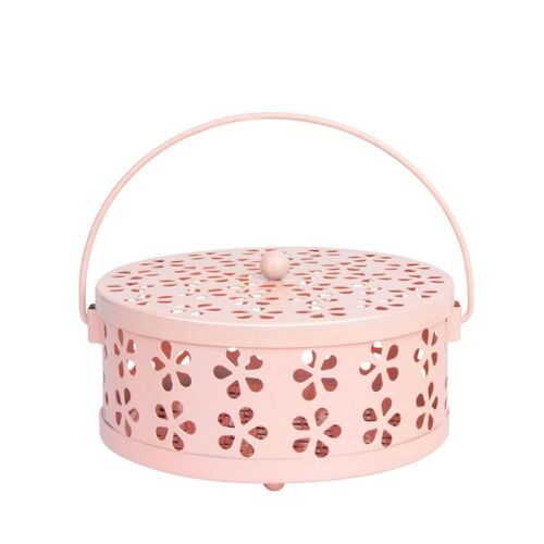 Porte-moustique classique (rose, 13,5 cm de diamètre) Porte-moustique portable en métal avec couvercle Sécurité anti-brûlure Motif ajouré vintage