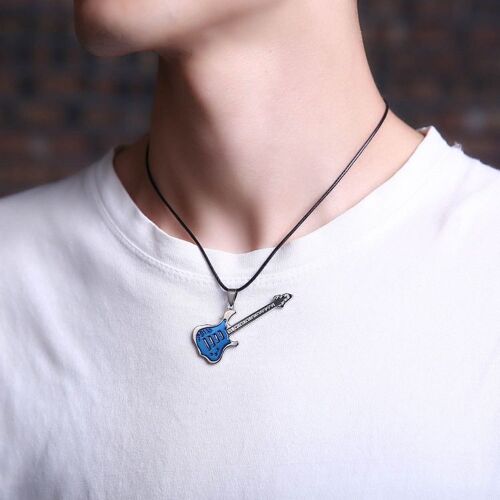 Pendentif guitare en acier inoxydable (bleu), nouveau bijou tendance pour les amateurs de guitare