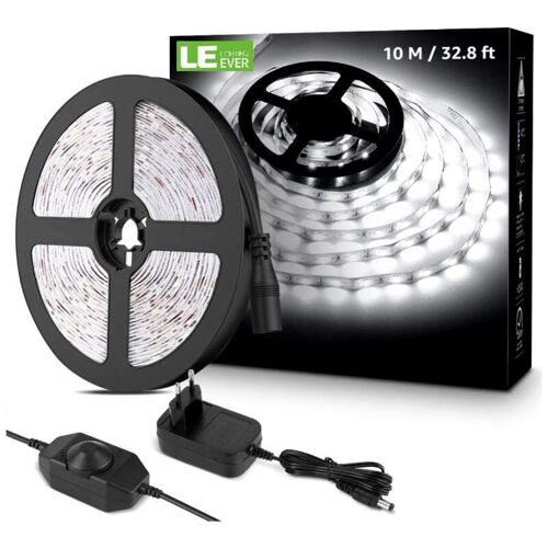 Dimmable a MENÉ la Bande de 10m, 6000K Blanc froid la Bande de LED, 600 SMD 2835 Led, 12V Auto-adhésif de la Bande de LED avec Variateur, les Connecteurs et le Transformateur, l'Éclairage Intérieur pour les Meubles, les Escaliers, la Cuisine [Classe