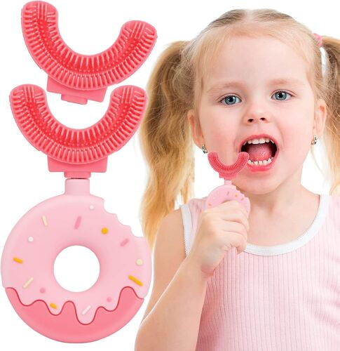 Brosse à dents enfant en forme de U - Rose (S) - Souple - Pour un nettoyage en profondeur à 360° - Silicone - Conçue pour les enfants de 2 à 6 ans